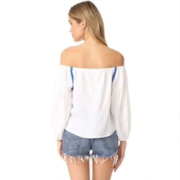 Revolve Line & Dot Size XS Blue and White Embroidery Off the Shoulder Blouse - Picture 3 of 10